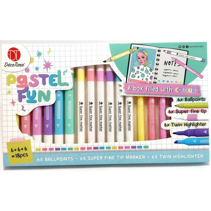 Комплект за рисуване и оцветяване Deco Time, 6 химикали, 6 двойни маркери, 6 тънкописци