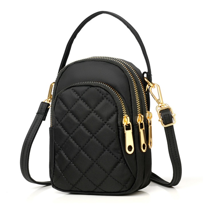 Geanta crossbody pentru femei, AMRINUGL, Poliuretan, 17x12x7 cm, Negru