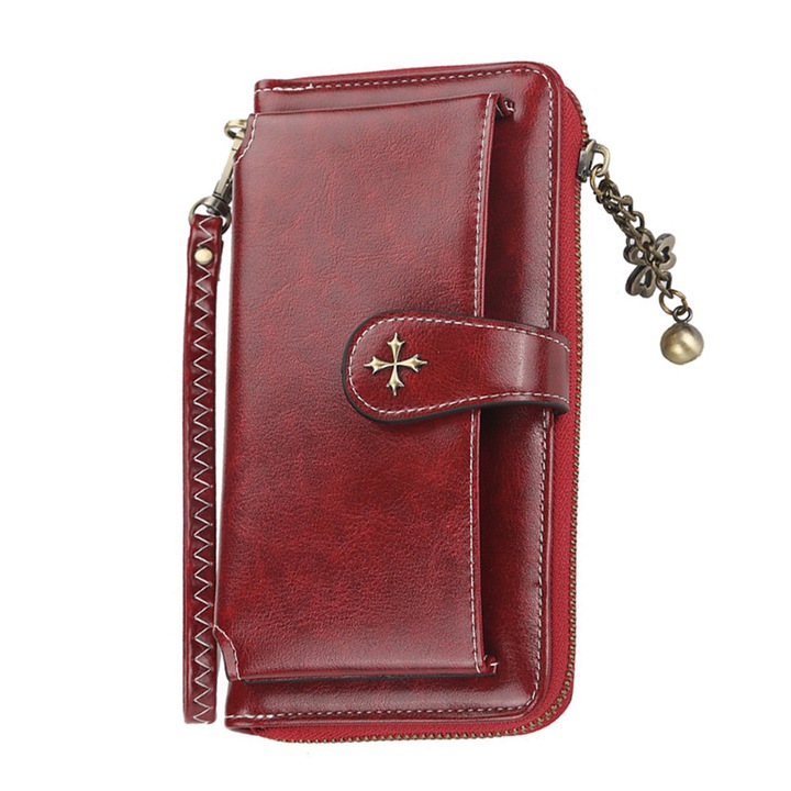 Portofel dama multifunctional, cu fermoar, compartiment telefon mobil, rosu