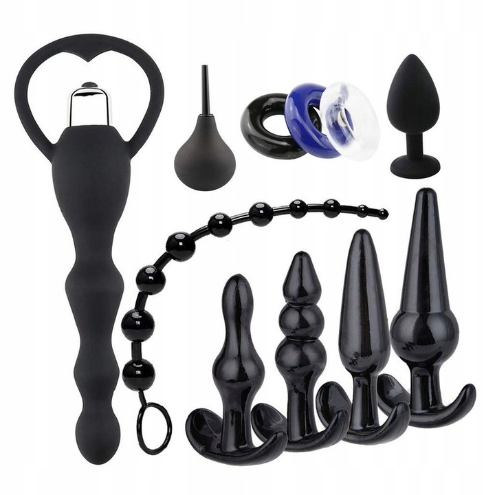 Set BDSM Complet, 5 Dopuri Anale, Vibrator Anal, Bile Anale, Negru, 30cm