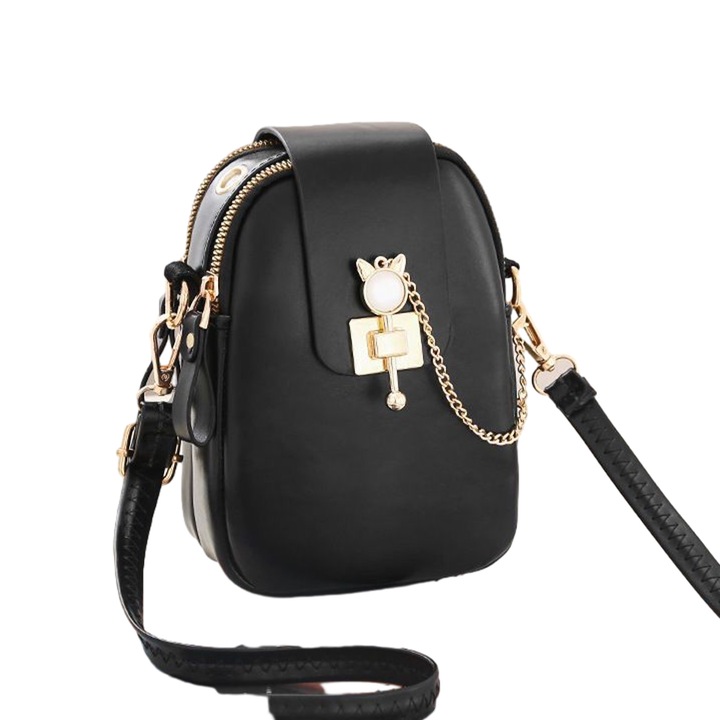 Jormftte telefontartó crossbody táska, szintetikus bőr, 3 cipzáros zseb, fekete, kompakt méret