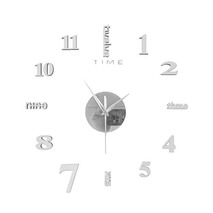 Ceas decorativ 3D, autocolant, silentios, 40-60cm, multicolor