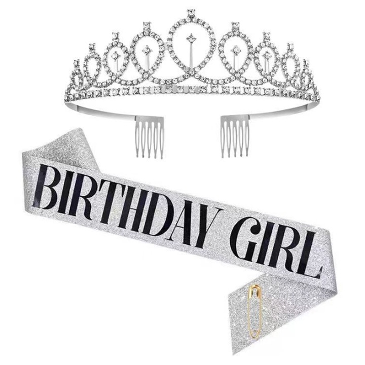 Set accesorii aniversare, Aliaj, Coronita cu cristale/Panglica, Argintiu