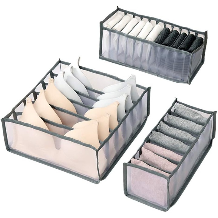 Set 3 organizatoare sertar AMRINUGL, 24 compartimente, gri, 12x32x32cm