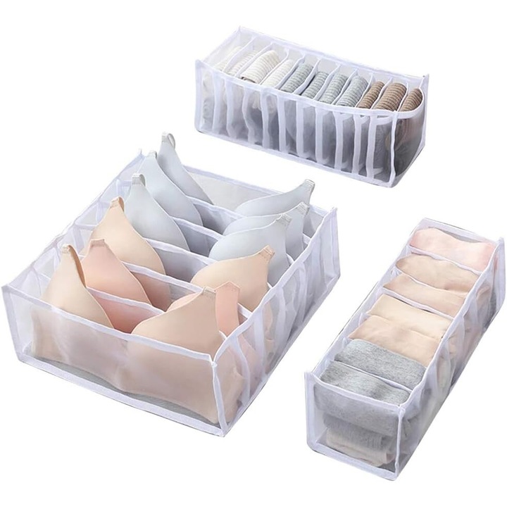 Set 3 organizatoare sertar AMRINUGL, 24 compartimente, alb, 12x32x32cm, 12x32x12cm