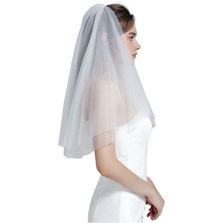 Къс булчински воал, QttvbTna, Тюл, 2 слоя, Слонова кост