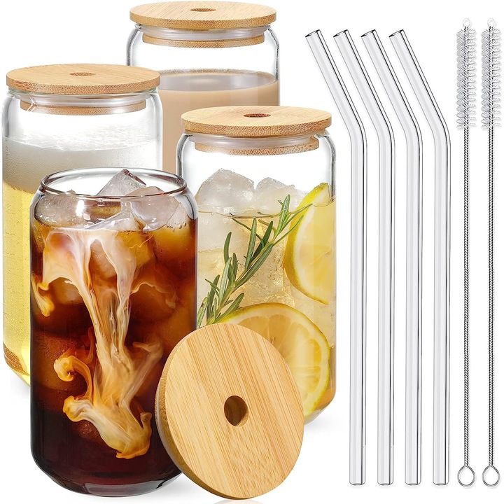 Set 4 Pahare Elindor® din Sticla cu Capac din Bambus si Pai din Sticla, Forma de Doza, Ideale pentru Cocktailuri, Bere, Cafea, Frappe, Latte, Ceai, Limonada, 480 ml, Lavabila in Masina de Spalat Vase, Transparent