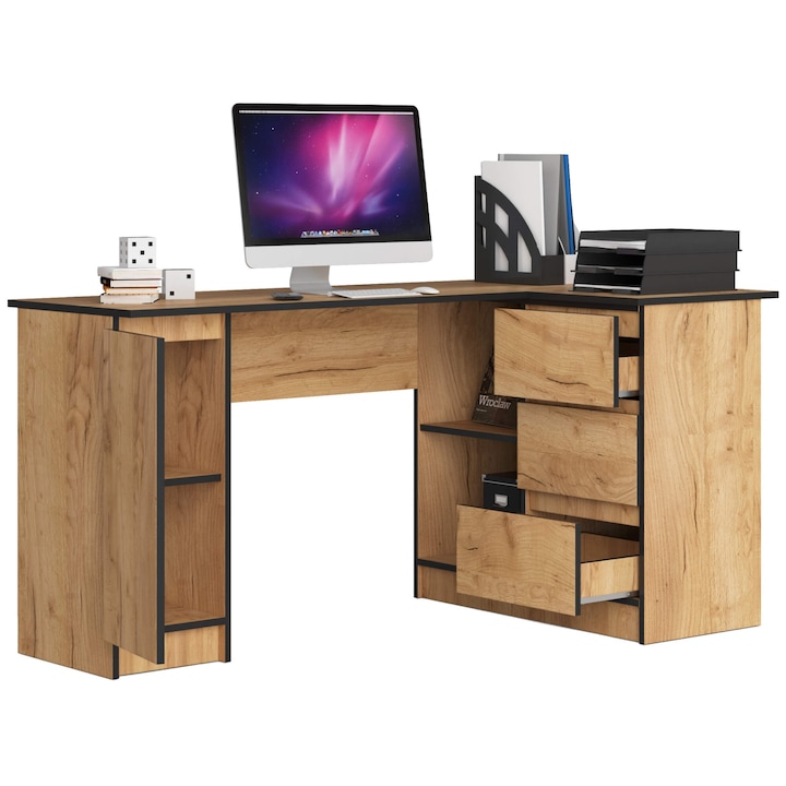 Ъглово бюро GLOBALST, 3 чекмеджета, Dab Craft мат, 4 рафта, 155x85x77см