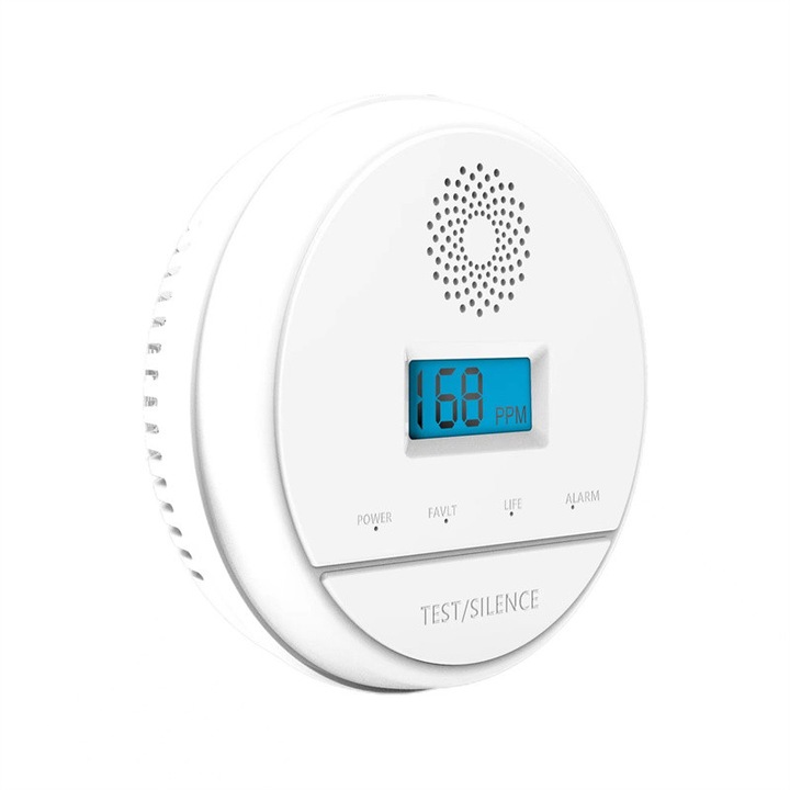 Detector Monoxid de carbon, Display LCD Monitorizare Concentratie de Gaz in timp real, Senzor electrochimic, Indicator led, Conectare Wireless 433Mhz cu Sisteme de Alarma, 85db, Alimentare baterii, Alb