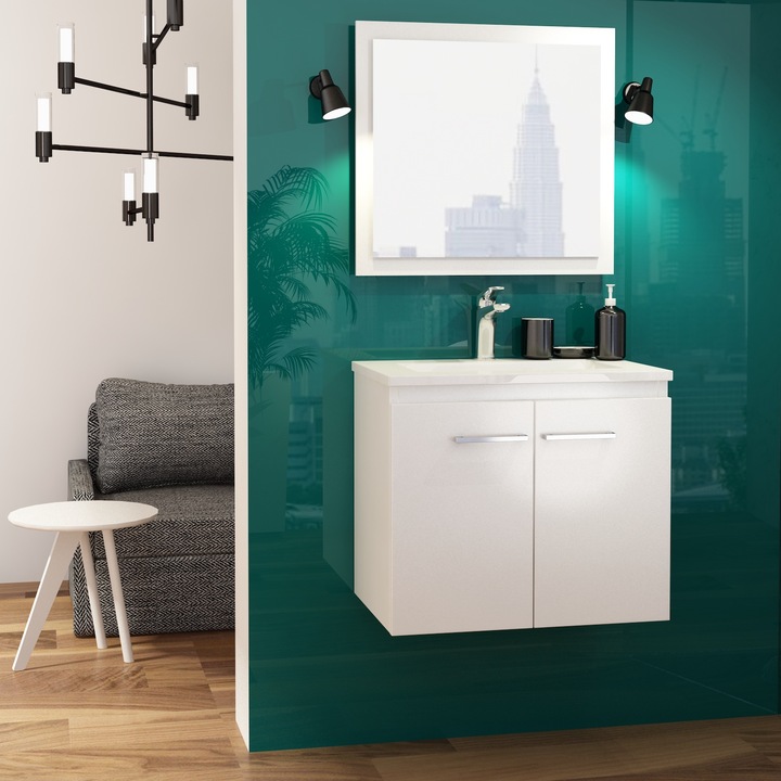 Dulap de baie si chiuveta, paplinskimoebel, placa de mobilier de inalta calitate, manere cu grosimea de 18 mm, rezistente la umiditate, acoperite cu folie PVC, instalare suspendata, dimensiuni 58x61,5x40, alb mat