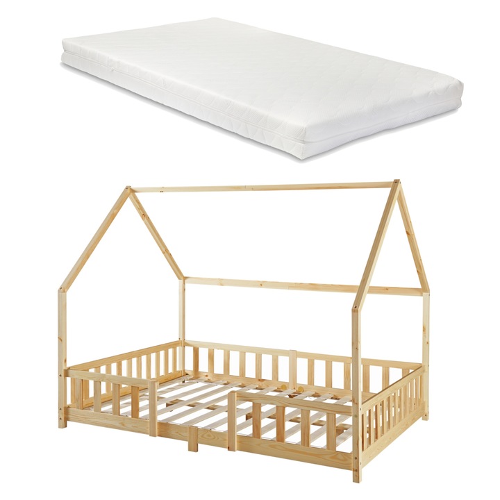 [en.casa] Gyerekágy Sisimiut 200x140cm 150kg fenyőfa farostlemez natúr matraccal dekoratív kerítéselemmel házikó-formában