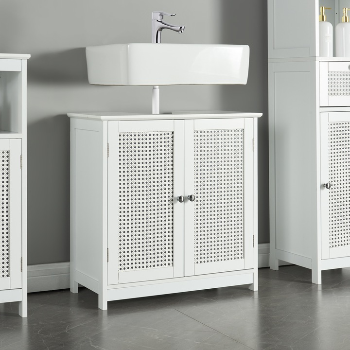 [en.casa] Mosdó alatti szobaszekrény PXHF-0012 Karlsøy 60x60x30cm MDF PVC-Rattan fehér 2 ajtóval