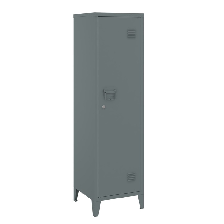 Dulap metalic, en.casa, PXSL-0331 Kurikka, 137 x 38 x 38 cm, otel, gri inchis, cu 2 rafturi, 2 chei, usa cu maner si fante aerisire