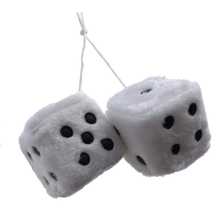 Set 2 zaruri pufoase pentru decor interior auto, alb, 7.5x7.5x7.5cm