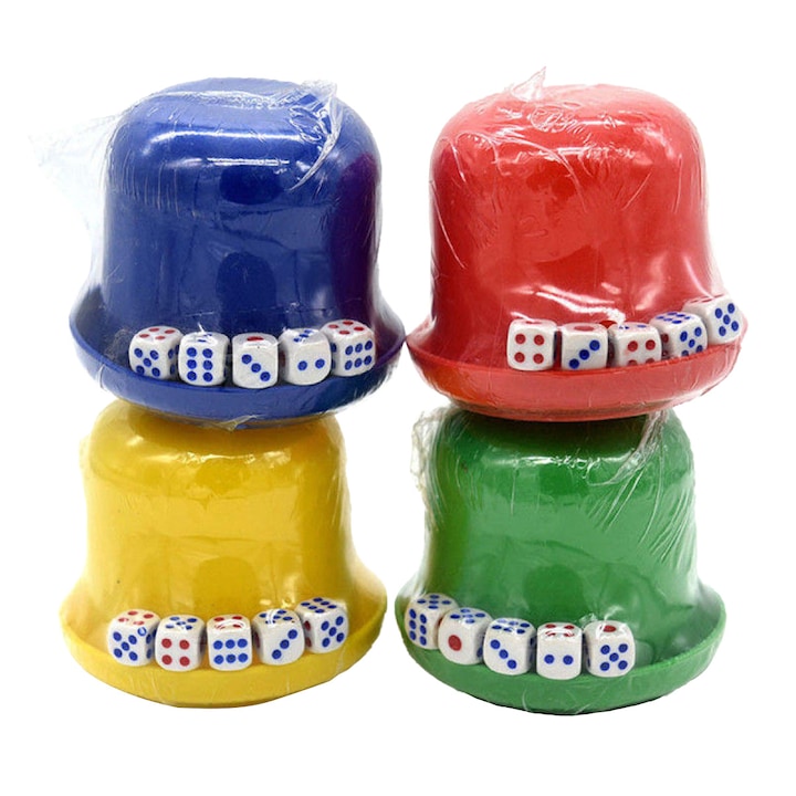 5 darabos dobókocka készlet pohárral, társasjáték, 9 cm, többszínű