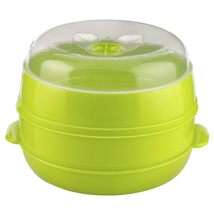 Steamer pentru microunde, 2 compartimente, plastic, verde, 22x17cm