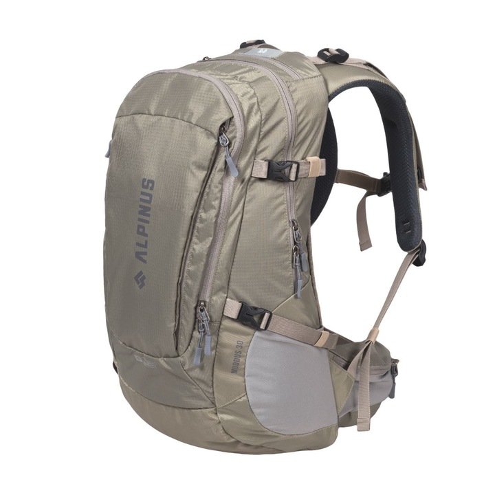 Alpinus Muddus túra hátizsák, 30L, nylon, fényvisszaverő esővédővel, 51x30x20cm, khaki