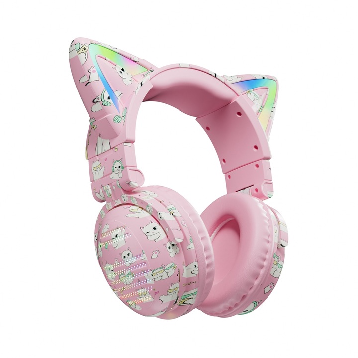 Casti fara fir Over-Ear, model VJ371 Tuya Rainbow RGB, design cu urechi de pisica, Bluetooth Wireless, microfon detasabil, graffiti pudra