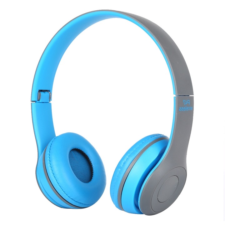 Casti Over-Ear, pliabile, Wireless Bluetooth, Jack audio 3 5mm, suport MP3/FM/Apel, albastru