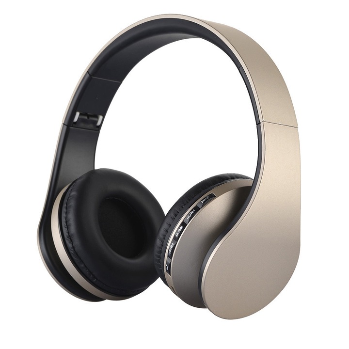 Casti Over-Ear, BTH-811 Stereo pliabile, Bluetooth wireless, radio FM, player MP3, compatibilitate universala, auriu