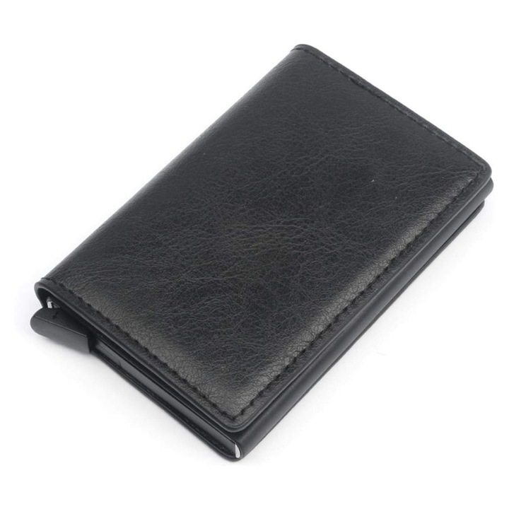 Portofel barbati, Enforose, cu carcasa din aluminiu Pop Up, protectie RFID, design slim, negru, 10cm