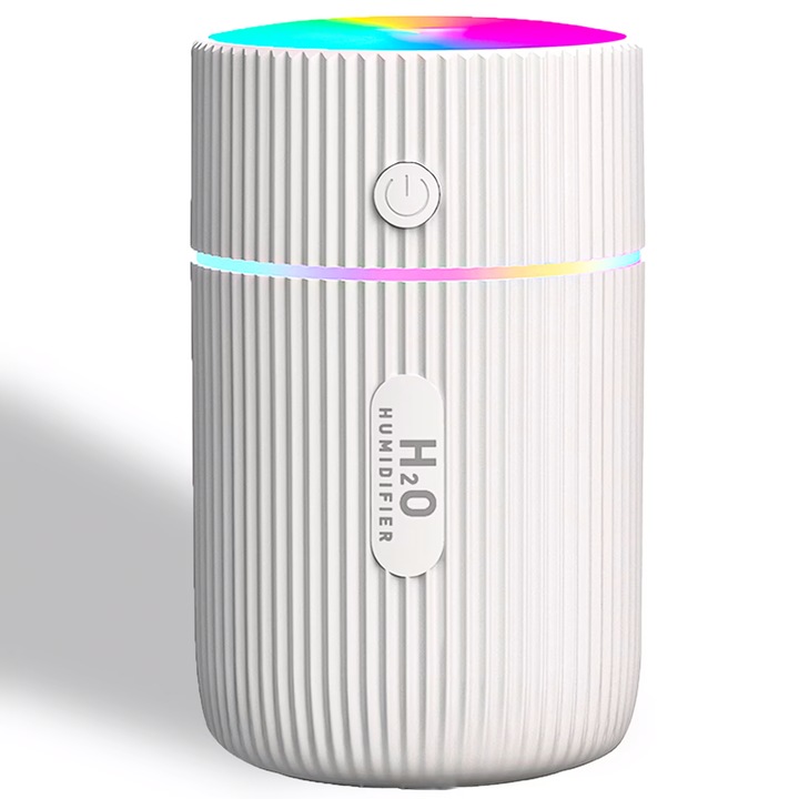 Mini légpárásító aromaterápiás diffúzorral és LED lámpákkal, hordozható, USB, 210 ml-es tartály, 2 üzemmód, éjszakai világítás, szoba és autó párásító, fehér