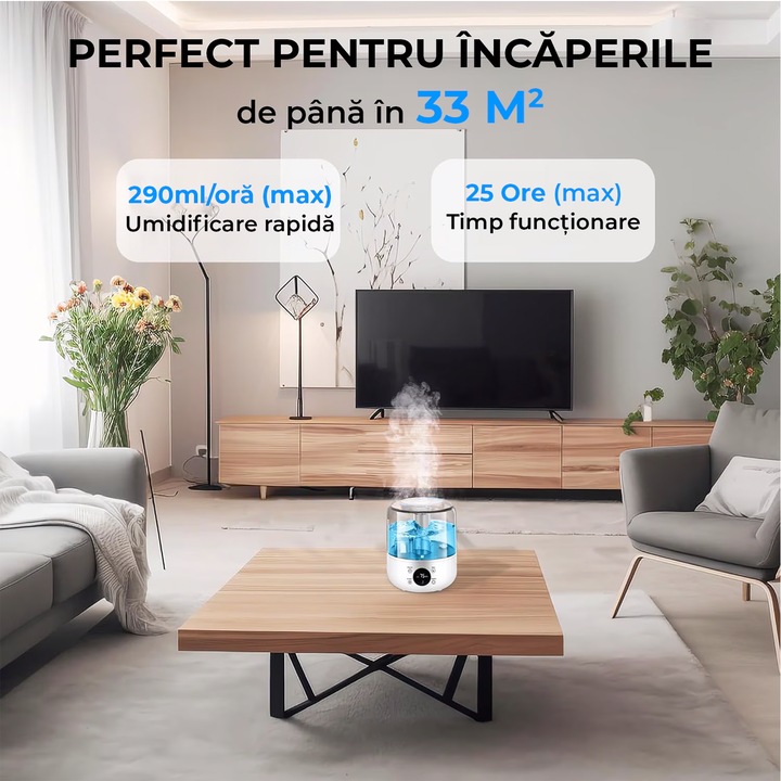 Umidificator De Aer Cu Difuzor Aromaterapie Si Lumini LED, Rezervor 3L, 290 Ml/h, 3 Moduri De Functionare, Recipient Detasabil, Lumini De Noapte, Oprire Automata, Alb