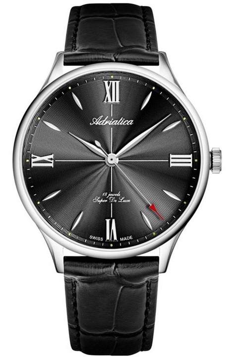 Adriatica Super De Luxe Автоматичен мъжки часовник, механизъм Sellita SW 210, сребрист корпус, кожена каишка, черен циферблат, 42 часа резерв на мощност