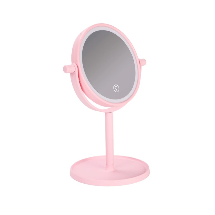 Oglinda Cosmetica Iluminata Vanity – Pentru Machiaj, Ecran Tactil, Rotire 180 de Grade, 14 Becurii LED, Spatiu Depozitare, Design Elegant, Portabila si Compacta, Roz