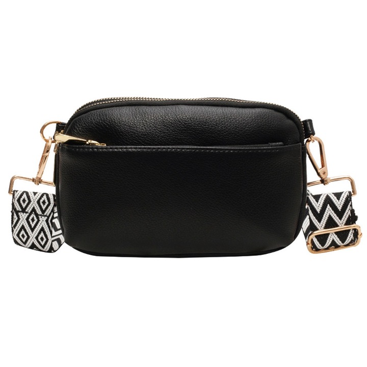 Geanta dama, Darklove, Crossbody, Cu curea de umar reglabila, Piele ecologica, Rezistenta la apa, Inchidere fermoar, PU, 20x13x6 cm, Negru/Alb