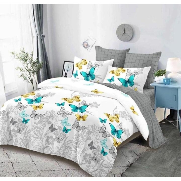 Set Pentru Pat Din Finet Gros, 6 Piese, Primavara, Imprimeu Fluturi, Cearceaf De Pat Cu Elastic