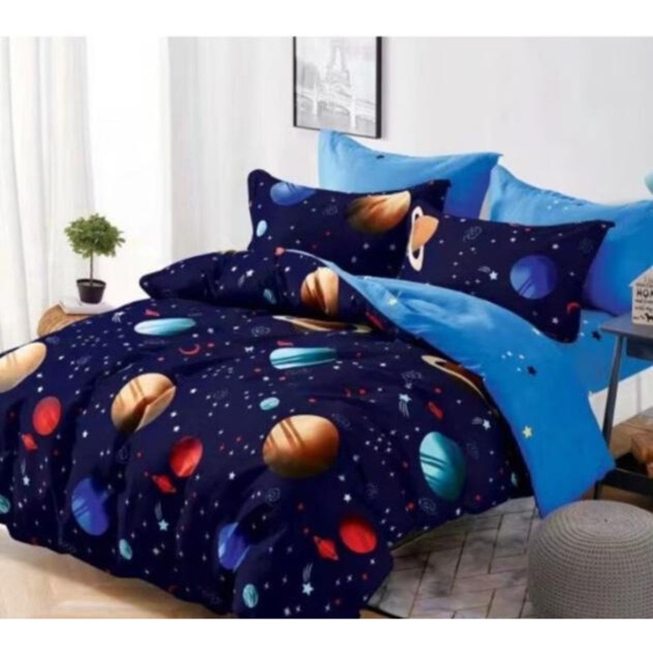 Set Pentru Pat Din Finet Gros, 6 Piese, Royalpro, Imprimeu, Calatorie Spatiala, Dimensiuni 220x230Cm