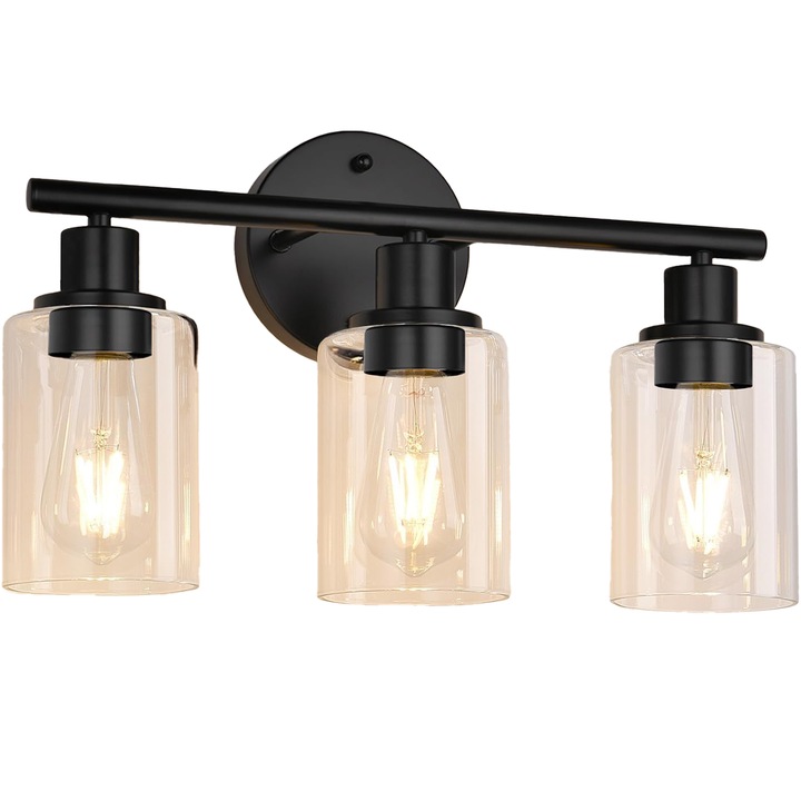 Elindor® 3-крайна таванна лампа, метална рамка, стъклени краища, ретро модел, монтирана на стена керамична основа, метална капачка, издръжлива, 60 W, 120 V, съвместима с крушки E26, матово черно