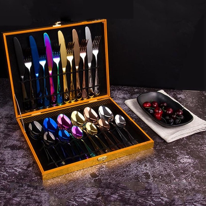 Комплект сребърни прибори Rainbow, 24 броя многоцветни прибори за хранене от неръждаема стомана, 6 броя, комплект прибори за хранене в цвят дъга, титаниево галванично покритие и висококачествена дървена кутия