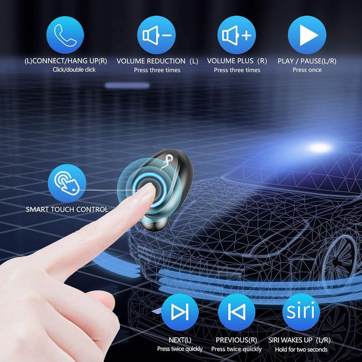 Безжични слушалки F9 TWS, Bluetooth 5.0, IPX7, черни, 2000mAh, 8D бас