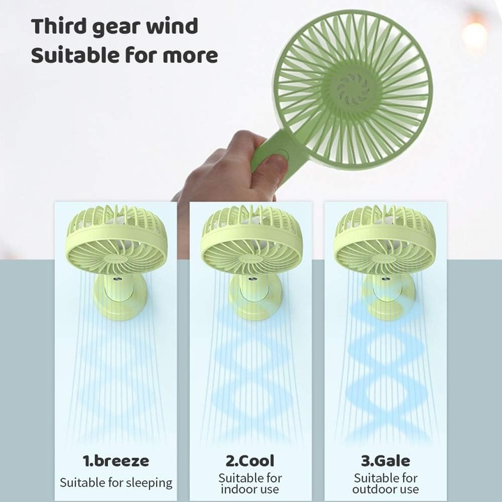 Ventilator portabil, design compact, functionare silentioasa 30-60 dB, acumulator reincarcabil, viteza ajustabila