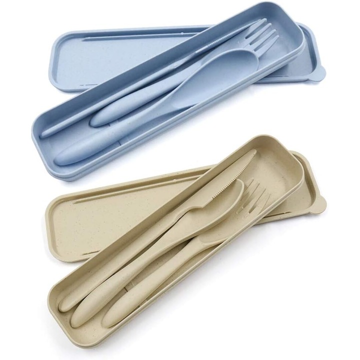 Комплект от 2 кутии за прибори, нож/вилица/лъжица, бежов/син, преносими