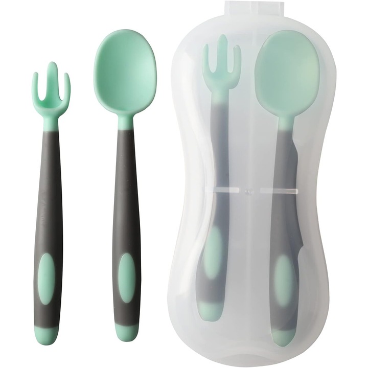 Jormftte bébi etetőkészlet, kanál és villa, hőálló, szürke-zöld