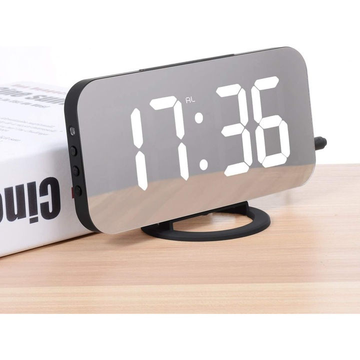 Ceas de masa digital AMRINUGL, display LED oglinda, luminozitate ajustabila, 2 porturi USB, functie snooze