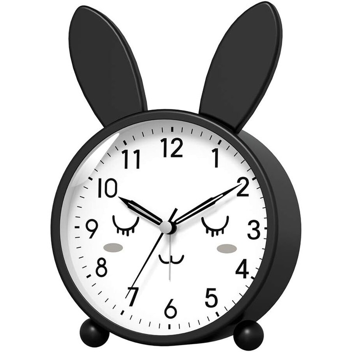 Декоративен аналогов часовник за деца, лесна настройка, подсветка, аларма, черен, малък