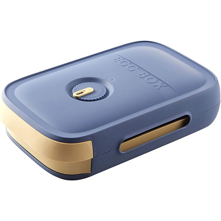 Креативно проектиран контейнер за яйца, ефикасно решение за съхранение в хладилник и пестене на място, автоматично плъзгащ се дизайн, който поддържа свежестта на яйцата, идеален за малки кухни, син