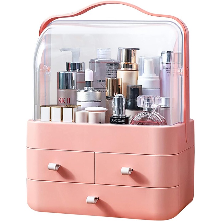 Organizator de machiaj dustproof, Enforose, cutie din acril transparent, capacitate extra mare, roz
