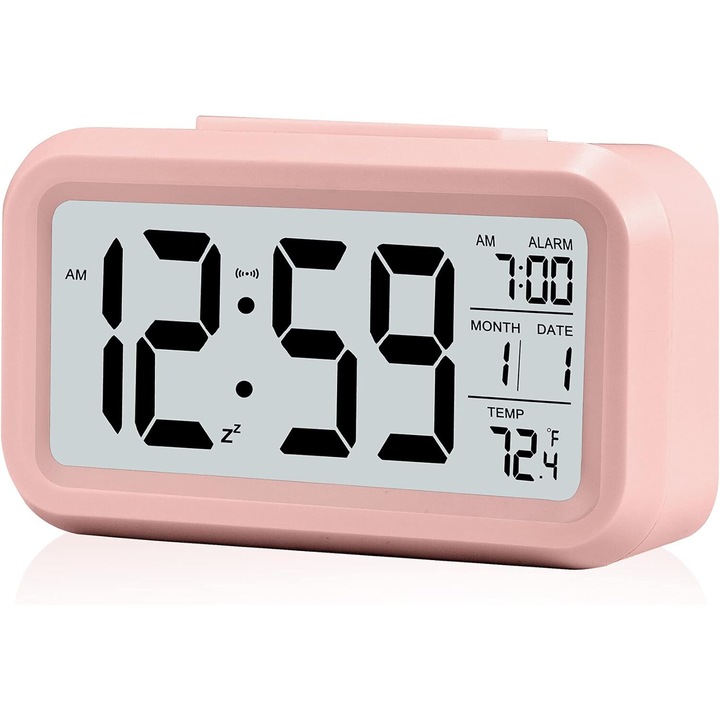 Ceas de masa digital, Cozevdnt, 4.5 inch, roz, cu lumina de noapte inteligenta, functie de alarma, pentru copii