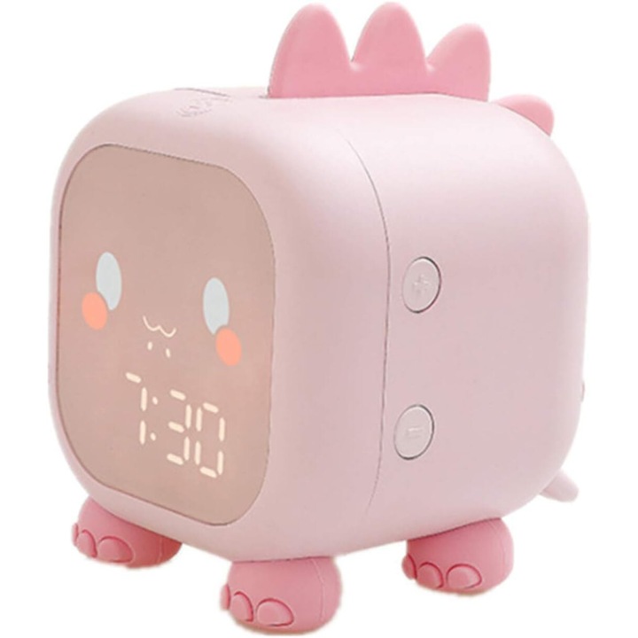 Ceas decorativ de masa in forma de dinozaur, AMRINUGL, lampa de noapte cu functie de alarma portabila, culori dimabile, USB reincarcabil