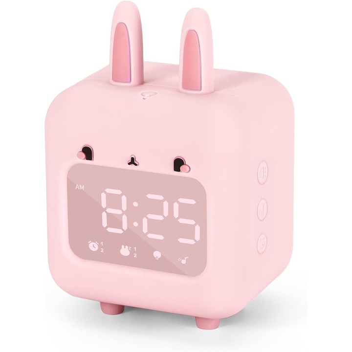Ceas cu alarma pentru copii, model iepuras, USB, lumina de noapte, roz