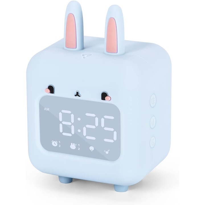 Ceas cu alarma pentru copii, model iepuras, USB, lumina de noapte, albastru