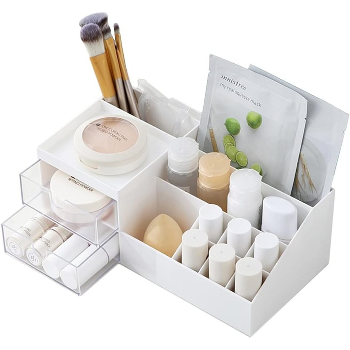 Organizator eficient pentru sertare de machiaj, organizator pentru cosmetice rezistent la apa si praf, imbunatatiti-va rutina de frumusete cu acest insotitor care economiseste spatiu (alb pur)