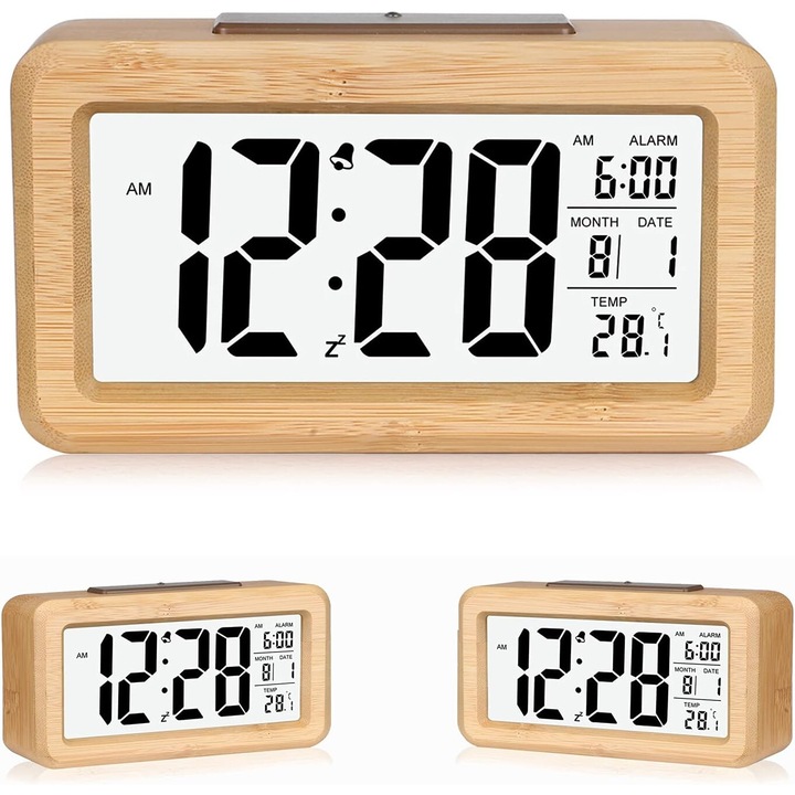 Ceas de masa din bambus AMRINUGL, cu alimentare USB, mod 12/24 ore, suprafata din lemn natural