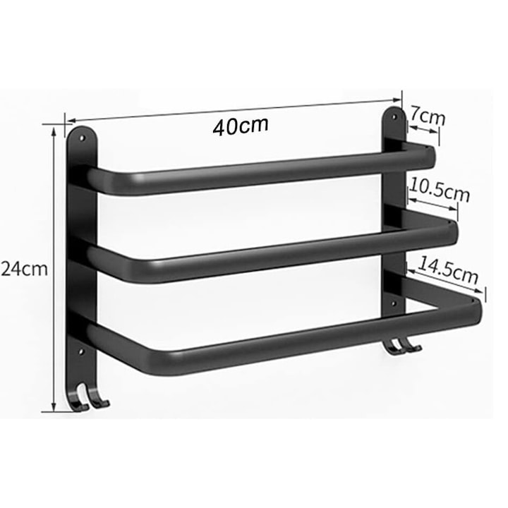 Fürdőszoba törölköző tartó, falra szerelhető, alumínium, matt fekete, nem oxidáló