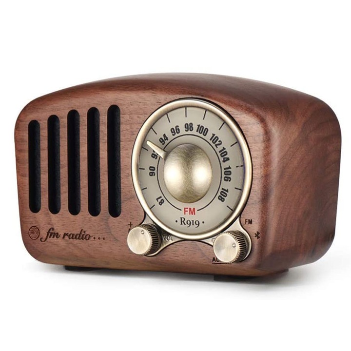 Radio portabil, model retro, Bluetooth, lemn de nuc, 5W, 106x55x68mm, maro